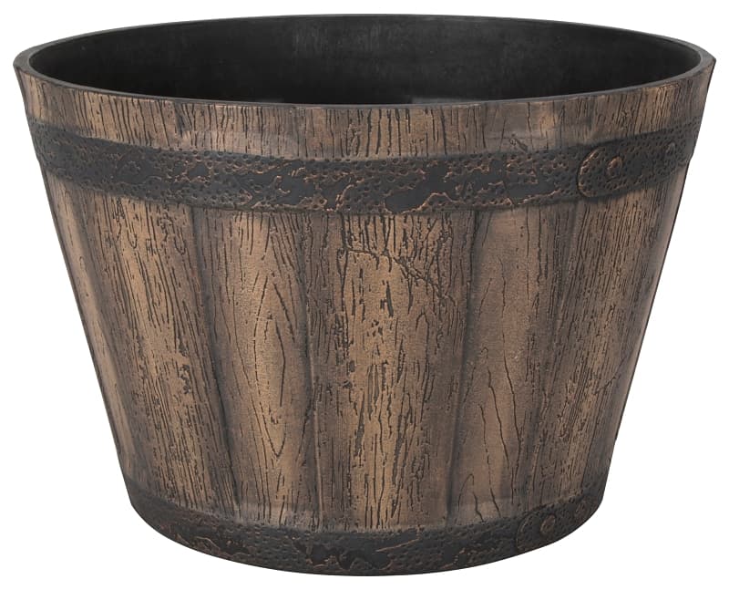 Landscapers Select PT-S056 Barrel Planter, 14-3/4 in Dia, 10 in H, Round, Whiskey Barrel Design, Resin, Weathered Oak – image 1