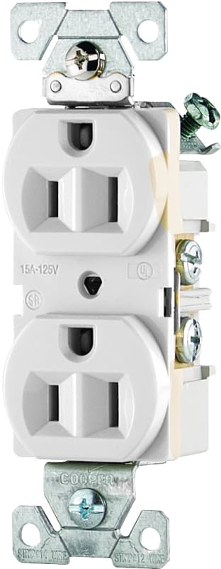 Eaton Cooper Wiring CR15W Duplex Receptacle, 2 -Pole, 15 A, 125 V, Side Wiring, NEMA: 5-15R, White – image 1