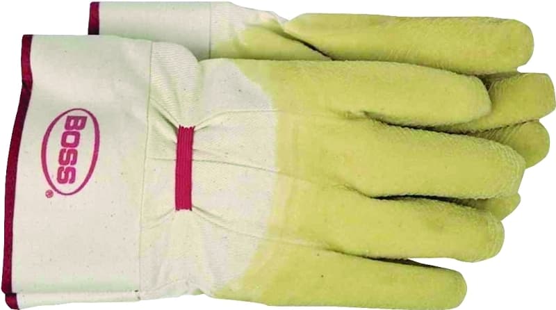 Boss 8424L Protective Gloves, L, Band Top Cuff, Cotton/Polyester Glove, White/Yellow – image 1