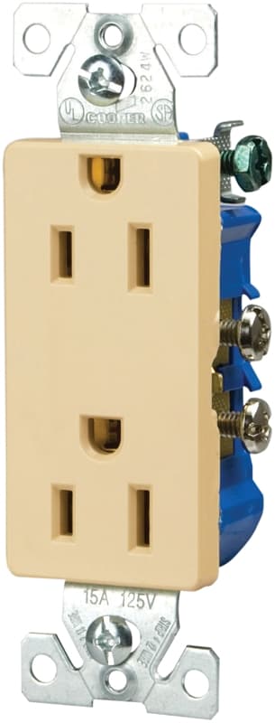 Eaton Wiring Devices 1107V Duplex Receptacle, 2 -Pole, 15 A, 125 V, Back, Side Wiring, NEMA: 5-15R, Ivory – image 1